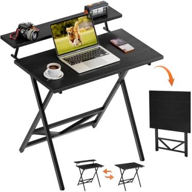 Imagem de WOHOMO Mesa dobrável com suporte ajustável para monitor, mesa de computador dobrável com altura ajustável de 3 níveis para escritório em casa, mesa de escrita para espaços pequenos, estudo e trabalho