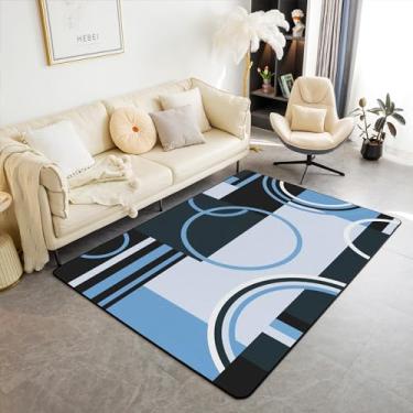 Imagem de Erosebridal Tapetes de área retrô azul cinza preto 1,5 x 1,8 m, listras abstratas círculos tapete lavável para sala de estar quarto, tapete quadrado geométrico espiral xadrez antiderrapante, tapete decorativo sem queda gráfico