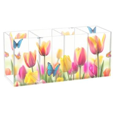 Imagem de TSENQUE Porta-lápis de mesa de acrílico floral, tulipa de primavera, fofo, porta-canetas, lápis, papelaria, escritório, estética, armazenamento de mesa