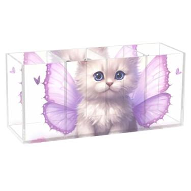 Imagem de TSENQUE Porta-lápis de mesa com asas de borboleta e gatinho fofo com estampa de animais, porta-canetas de acrílico para armazenamento de lápis