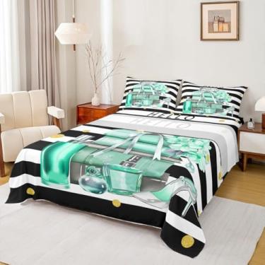 Imagem de Erosebridal Jogo de lençol solteiro preto e turquesa, moderno, preto, branco, feminino, floral, perfume, listrado, salto alto, revistas, livros