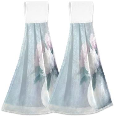 Imagem de TSENQUE Toalhas de cozinha personalizadas com laço para pendurar, pintura de flor de peônia pastel, conjunto de 2 toalhas de cozinha macias e absorventes florais fofas, conjunto decorativo, 46 x 35 cm