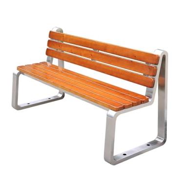 Imagem de NRNQMTFZ Banco de metal para jardim ao ar livre, moderno banco de metal de aço inoxidável, banco de pátio para 2 pessoas, madeira verdadeira, assento de ripas para jardim, pátio, varanda, piscina