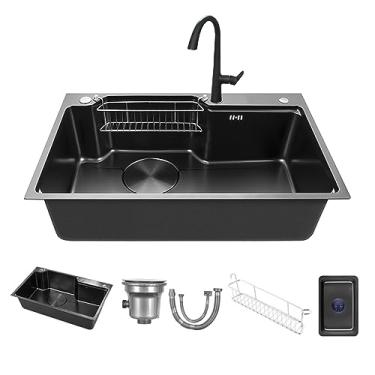 Imagem de Pia de cozinha nano preta de aço inoxidável 304 pia de cachoeira tigela única para estação de trabalho pia de cozinha com torneira removível de chuva voadora, arruela de copo pressurizada (pacote A)