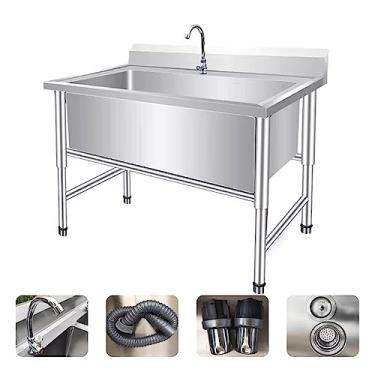 Imagem de Pia de tigela única grande, pia de aço inoxidável independente, pia comercial, lavatório de mão de preparação e utilitário, para restaurante, lavanderia, garagem (120 x 60 x 80 cm)