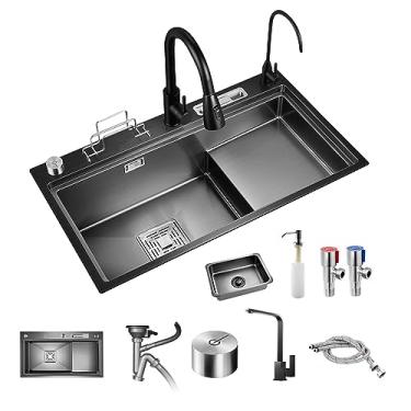 Imagem de Pia de cozinha nano preta de aço inoxidável 304 pia de cachoeira tigela única para estação de trabalho pia de cozinha com torneira removível de chuva voadora, caixa de suporte de faca (75 cm/29,5 pol