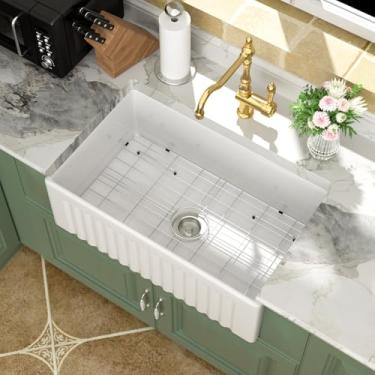 Imagem de Logmey Pia de fazenda branca de 83 cm x 45,5 cm x 25,5 cm avental de tigela única pia frontal de cozinha com ralo pop-up instalação embaixo da pia de fazenda de cerâmica para campo estilo clássico