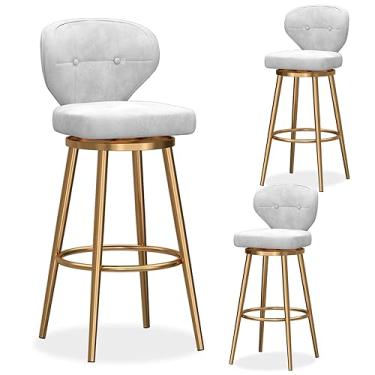 Imagem de Conjunto de 3 bancos de bar giratórios com altura de balcão, banquetas modernas de veludo com encosto médio, cadeira de bar estofada com base de metal, bancos de ilha de cozinha
