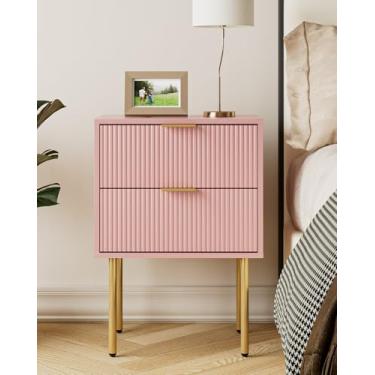 Imagem de Aienvey Mesa de cabeceira, mesa de cabeceira moderna com gavetas, mesa de cabeceira, mesa lateral pequena dourada para quarto, mesa de canto de sala de estar (2 gavetas, listras rosa)