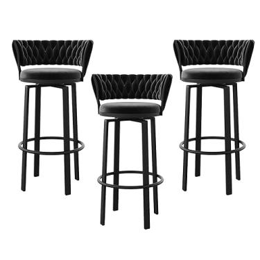 Imagem de Banqueta de balcão, banco de bar moderno de veludo, conjunto de 3, bancos de bar giratórios com encosto e apoio para os pés, bancos de veludo para restaurantes da ilha da cozinha