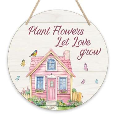 Imagem de Placa de porta frontal de primavera, placas de porta penduradas de madeira redondas para casa de borboletas, flores de plantas, deixe o amor crescer, portas suspensas, sinalização, quintal, varanda