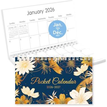 Imagem de Calendário de bolso 2026-2027, planejador de bolso pequeno 2026 para bolsa - 9,5 cm × 16,5 cm - De janeiro de 2026 a dezembro de 2027, agenda mensal diária com bobina para planejamento - flor dourada