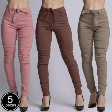 Imagem de Kit 5 Calças Feminina Bengaline Cós Alto Blogueira Cintura Alta - Bell