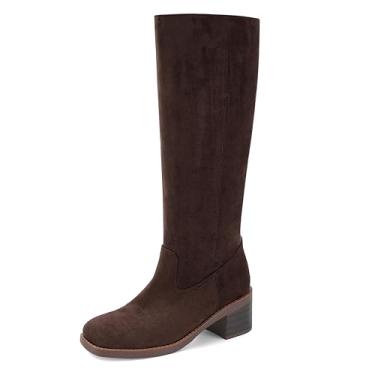 Imagem de DOEYG Botas femininas de cano alto banana bico quadrado salto grosso botas altas panturrilha larga moda confortável casual pull on botas longas, Camurça marrom chocolate, 37