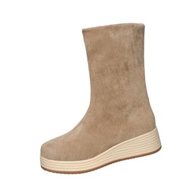 Imagem de Botas femininas confortáveis, versáteis, com sola grossa, plus size, outono, inverno, moderno, quente, salto cunha, cano baixo, botas, Caqui, 38