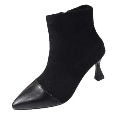 Imagem de Botas femininas modernas de inverno salto fino salto médio bico fino veludo botas femininas cano curto salto alto, casual e versátil, Preto, 34