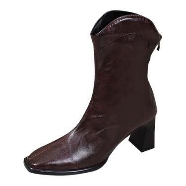 Imagem de Botas femininas de bico quadrado com zíper e salto grosso para moda outono e inverno, Café, 38