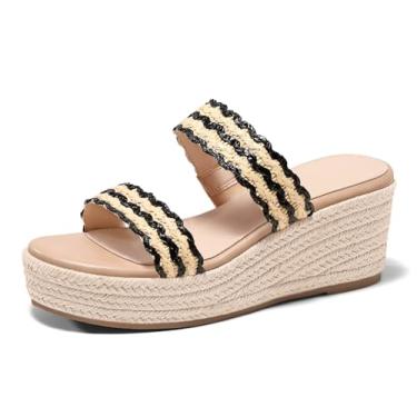 Imagem de Coutgo Sandálias femininas plataforma plataforma alpargatas duas faixas salto aberto sapatos verão praia férias, Preto, 36