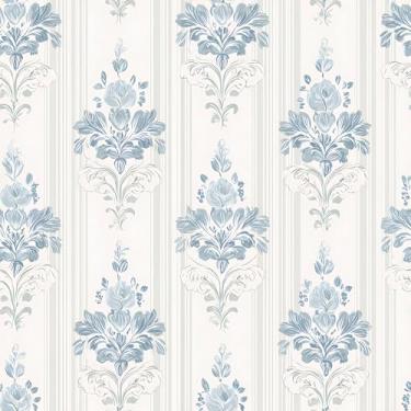 Imagem de VaryFloral Papel de parede listrado floral azul francês rosa flor papel de parede para quarto descascar e colar papel de parede elegante casa de fazenda papel de contato listrado floral removível