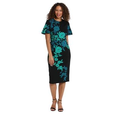 Imagem de London Times Vestido feminino tamanho único, gola joia, manga esvoaçante, elegante, elegante, comprimento midi, Preto/Verde Jade, 38