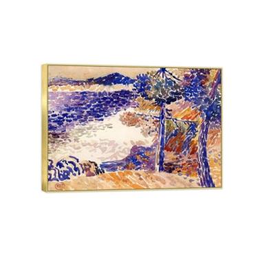 Imagem de Impressão em tela de paisagem pronta para pendurar - pintura de arte de parede famosa - pinheiros por mar - decoração de casa moderna imagem moldura dourada 70 x 100 cm 27 x 39 pol