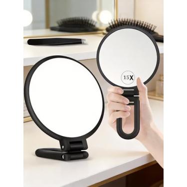 Imagem de Espelho de aumento 15X, espelho de mão com alça, espelho de mão dupla face com ampliação de 15 x 1x, espelho de maquiagem dobrável portátil essencial para viagem para maquiagem de precisão, preto
