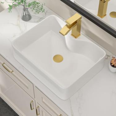 Imagem de Dcolora Pia de vaso branca de 48 cm para banheiro, pia retangular de cerâmica de porcelana acima do balcão com acessórios dourados, 38 cm P x 48 cm L x 12 cm A #DC-SFDOE00087
