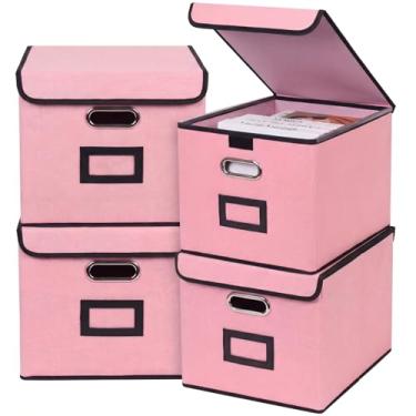 Imagem de Tcbelosion Caixa de armazenamento de arquivos com tampa, 39 x 32 x 26 cm, organizador dobrável de grande capacidade com alça, perfeito para casa, escritório e organização de armário (4 pacotes, rosa)