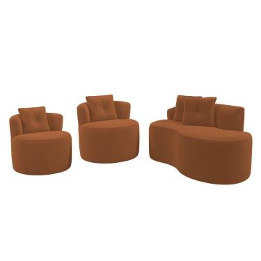 Imagem de Kit Sofá E 02 Poltronas Orgânicas Living Bob Com Almofadas Bouclê Terracota - Desk Design
