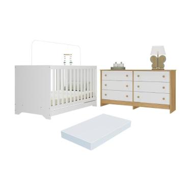 Imagem de Berço Americano 3 Em 1 Com Colchão Incluso E Cômoda Caramelo Multimóveis MP4678 Branco-madeirado