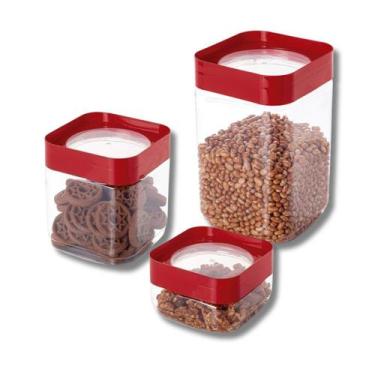 Imagem de Kit 3 Potes Plug Quadrado Plasútil 2L, 1,28L e 510ml Tampa Vermelha 12