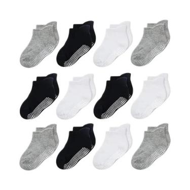 Imagem de Meias Antiderrapantes Para Crianças 12 Pares Básicas Pretas Brancas Ci