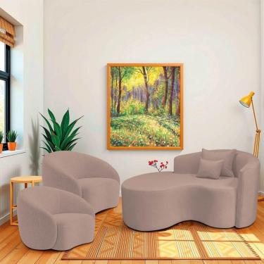 Imagem de Kit Recamier Curvo Sala De Estar 150cm Lado Esquerdo E 2 Poltronas Orgânica Luxo Amore Linho Rosê