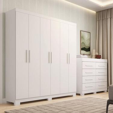 Imagem de Conjunto Quarto Casal Guarda-roupa 6 Portas Cômoda 8 Gavetas Papoulas Espresso Móveis Branco
