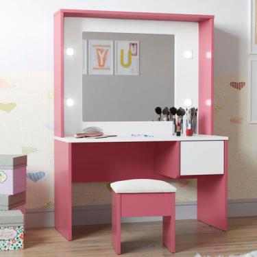 Imagem de Penteadeira Infantil Diana com LED e Banqueta Branco e Rosa - Havenall