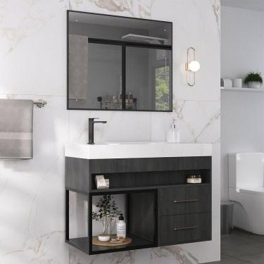 Imagem de Armário de Banheiro New 80 Cm 2 Gavetas 100% Mdf com Espelho Carbono - Belizze Móveis