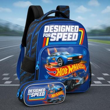 Imagem de Kit Escolar Mochila Costas + Estojo triplo Hot Wheels, Preto