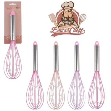 Imagem de Batedor de clara fouet rosa manual de silicone com cabo de inox - fue 