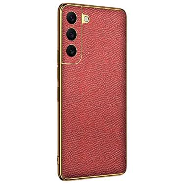 Imagem de Capa para Samsung Galaxy S22/S22 Plus/S22 Ultra, capa de luxo de couro verdadeiro slim fit galvanizada, macia, TPU (poliuretano termoplástico) à prova de choque, proteção para câmera, vermelha, S22 de 6,1 polegadas