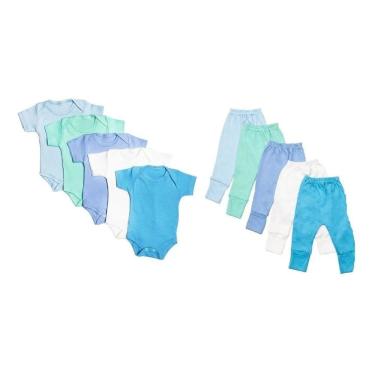 Imagem de Kit Roupa Bebê 10 Pçs Body Manga Curta e Mijão Liso Algodão 
