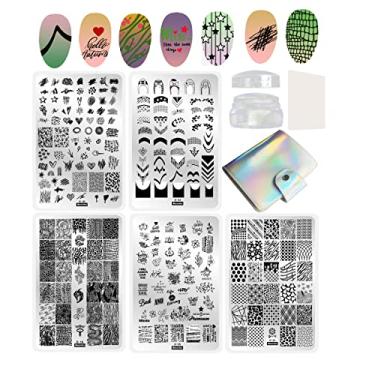 Imagem de Kit de estampagem de unhas conjunto de placas de estampagem de unhas, 5 placas de carimbo de unhas grandes 1 carimbo de unhas 1 Sc 1 bolsa de armazenamento, modelos de carimbo de unhas franceses geométricos animais cobra grafite arte de unha conjunto de carimbos
