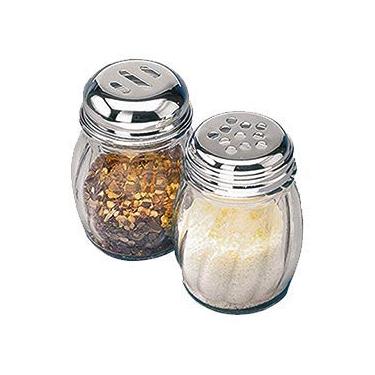 Imagem de Spices de vidro de 170 g com coqueteleira perfurada de aço inoxidável superior e parmesão de queijo com tampa de aço inoxidável aberta/conjunto de 2 dispensadores de estilo retrô de espiral em volume com tampas/saleiro e pimenteiro