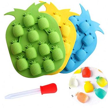 Imagem de 3 peças de moldes para doces de chocolate com um conta-gotas, bandeja de cubo de gelo de silicone de abacaxi molde de gelatina de goma molde de fondant mini sabão incorpora molde de derretimento de cera de giz de cera (cor aleatória)