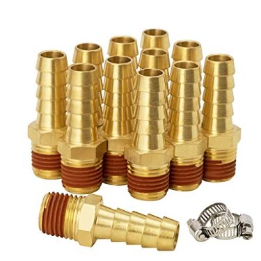 Imagem de SUNGATOR Pacote com 12 encaixes de mangueira de ar, NPT de 1/4" para farpa de 3/8", adaptador de mangueira com selante, encaixes de tubulação de latão rosqueados macho com 12 peças de braçadeira de mangueira