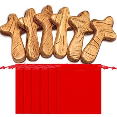 Imagem de WILLBOND 12 peças pequenas de madeira de pinho de mão com bolsa de veludo vermelho portátil segurando cruzes de bolso de madeira para oração tamanho da palma presente cristão