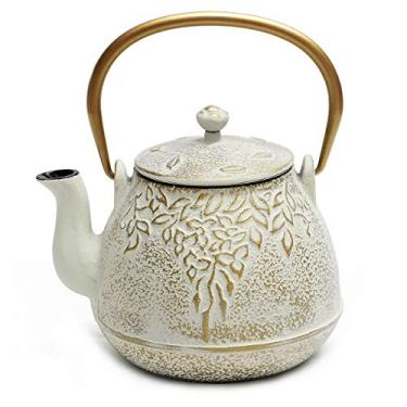 Imagem de Chaleira de chá TOPTIER japonesa de ferro fundido com infusor para folhas soltas e saquinhos de chá, chaleira de ferro fundido segura para fogão revestida com interior esmaltado para 1,18 l (1200 ml), bege