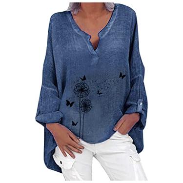 Imagem de Blusa feminina de linho com gola V grande, manga comprida, mistura de algodão, estampa de dente-de-leão, blusa de primavera P-5GG, Azul-marinho, 5G