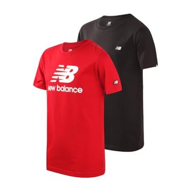 Imagem de New Balance Camiseta para meninos - Pacote com 2 camisetas com logotipo de algodão para meninos - Camiseta infantil juvenil atlética gola redonda manga curta (8-20), Preto/vermelho, 8
