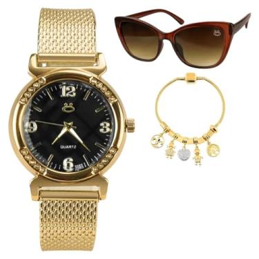 Imagem de Relógio Feminino Analógico Aço Inox A Prova D'Agua Dourado Personalizável com Óculos de Sol Moderno Lentes Polarizadas UV400 Proteção Solar e Pulseira Berloque Estilo Pandora Dourada (Mostrador Preto)