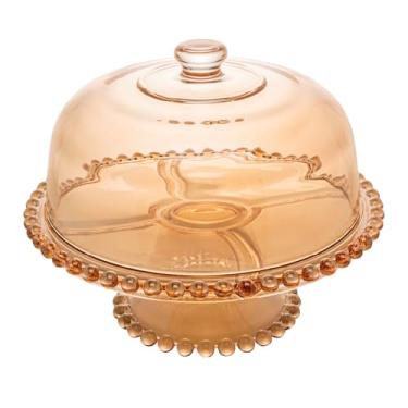 Imagem de WOLFF - Prato para Bolo de Cristal com Pé e Tampa Âmbar Metalizado 31cm x 25cm - Linha Pearl
